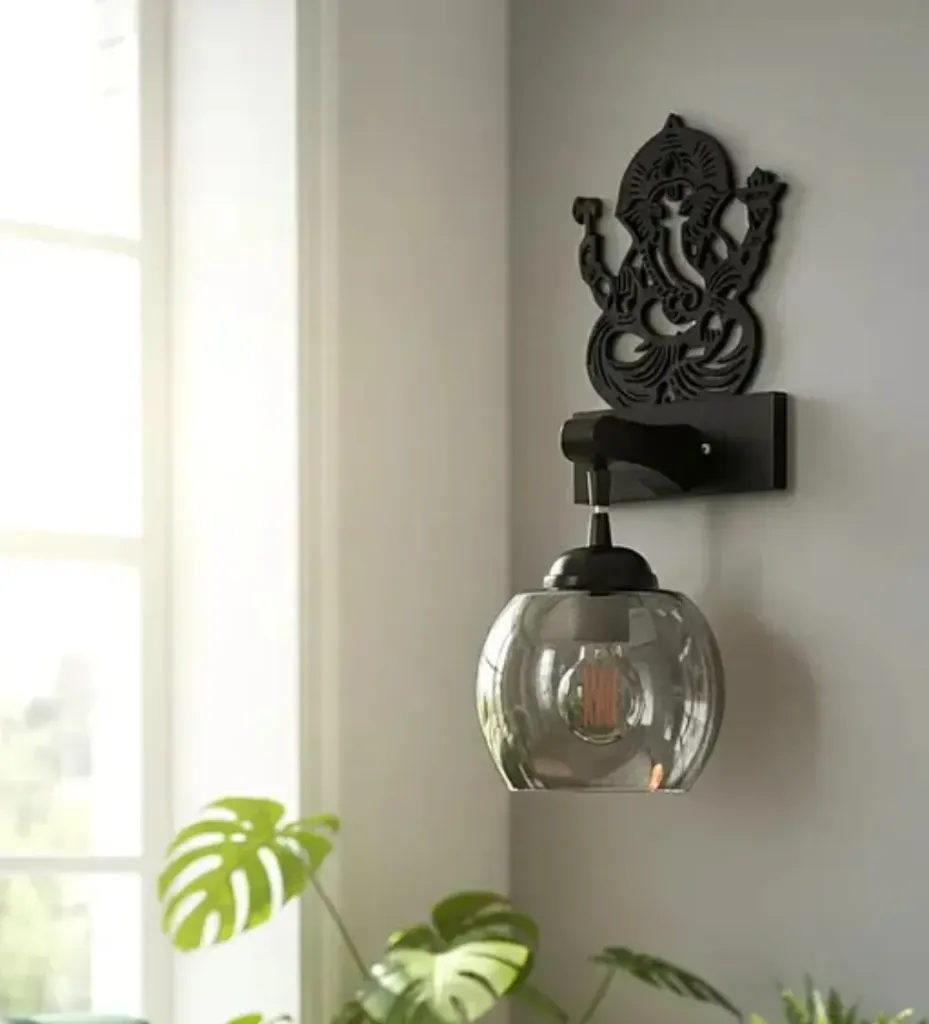 Ganesh Ji Wooden Wall Lamp with Smoked Glass Shade